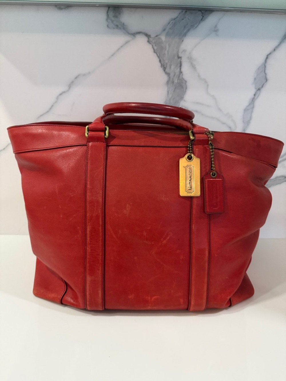 Coach Red Leather Tote with Brass Tag Charm